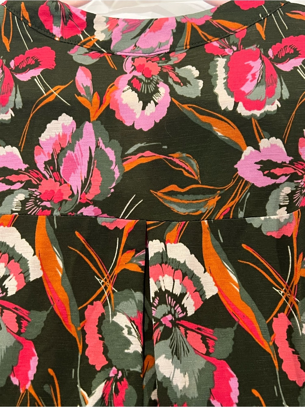 Long Sleeve Floral V-Neck Blouse - Pink & Orange on Black with Smocked Sleeves - Picture 4 of 6